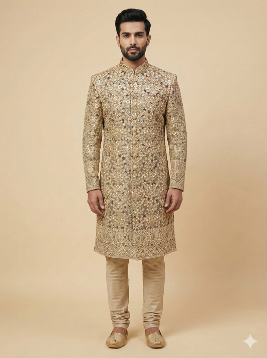 Gold Multithread Embroidered Sherwani- S14-25