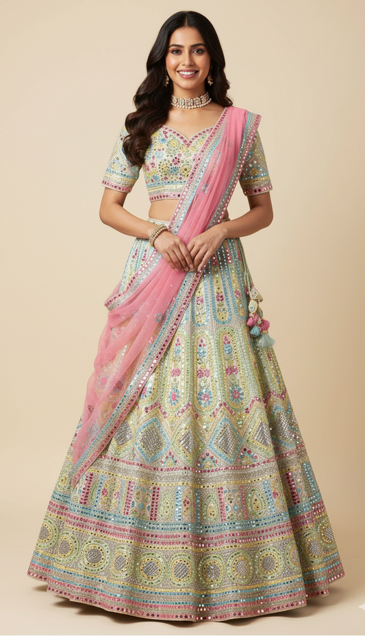 Multicolor on an ivory base with a pink dupatta bridal lehenga (style BL-446) in raw silk, Nazranaa