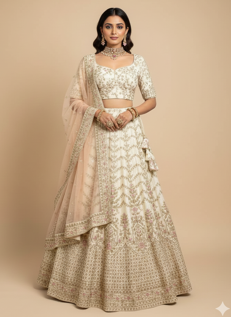 Ivory Bridal Lehenga with Gold and Pastel Embroidery and Net Dupatta