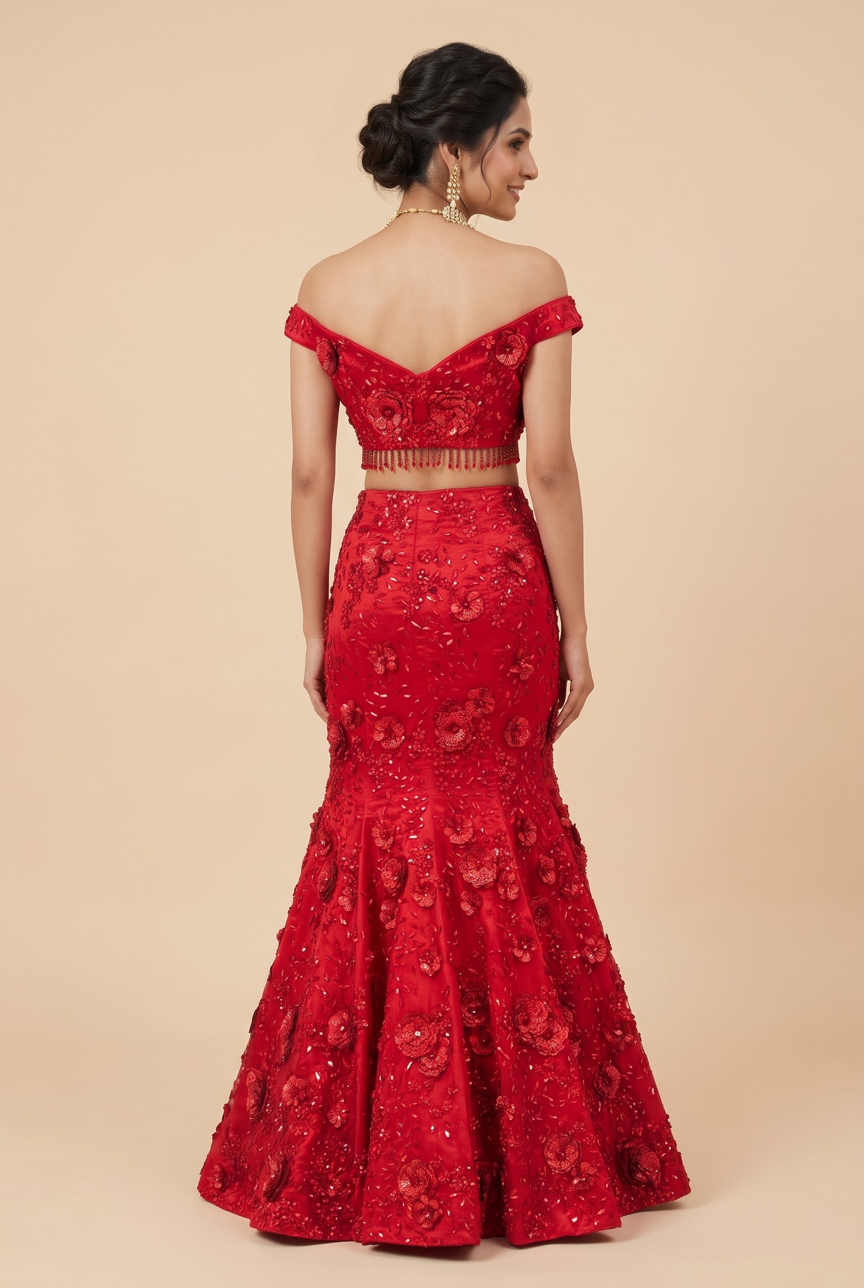 Scarlet Blossom Off-Shoulder Lehenga Set