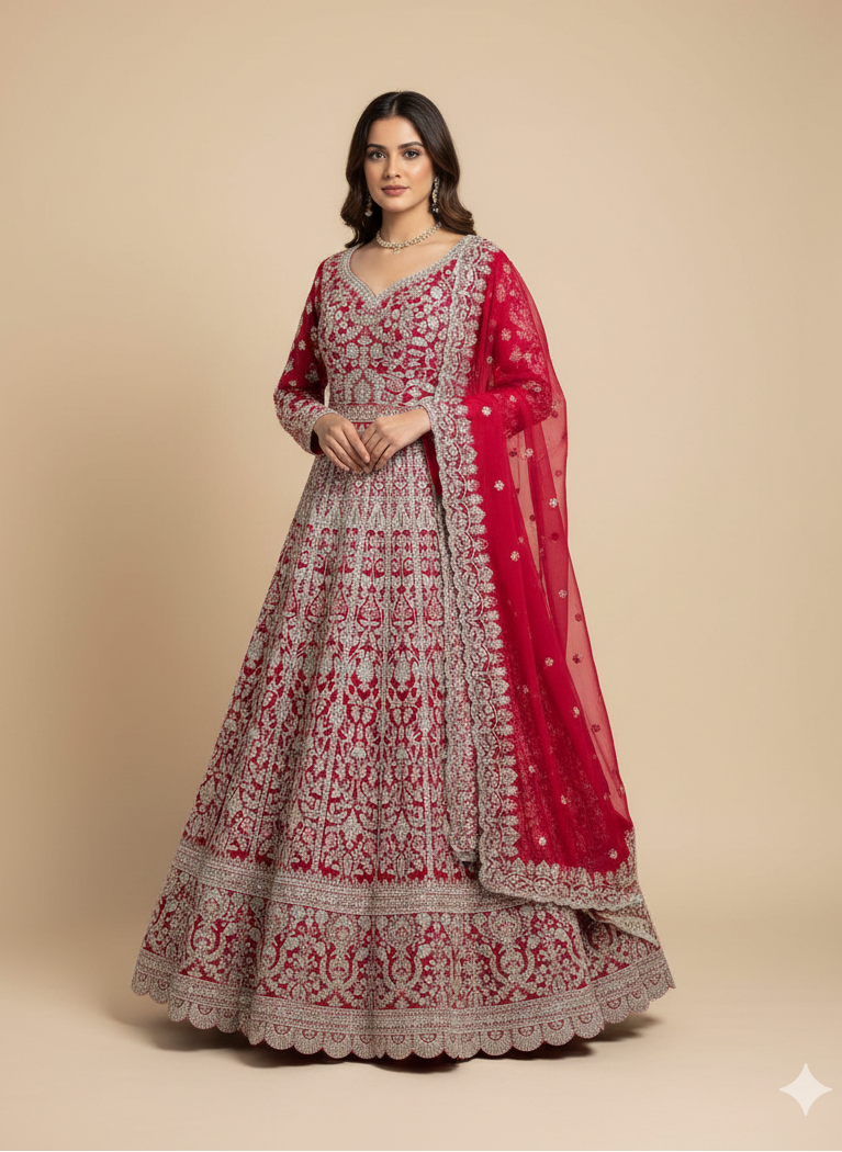 Red Anarkali with Gold Embroidery and Red Net Dupatta