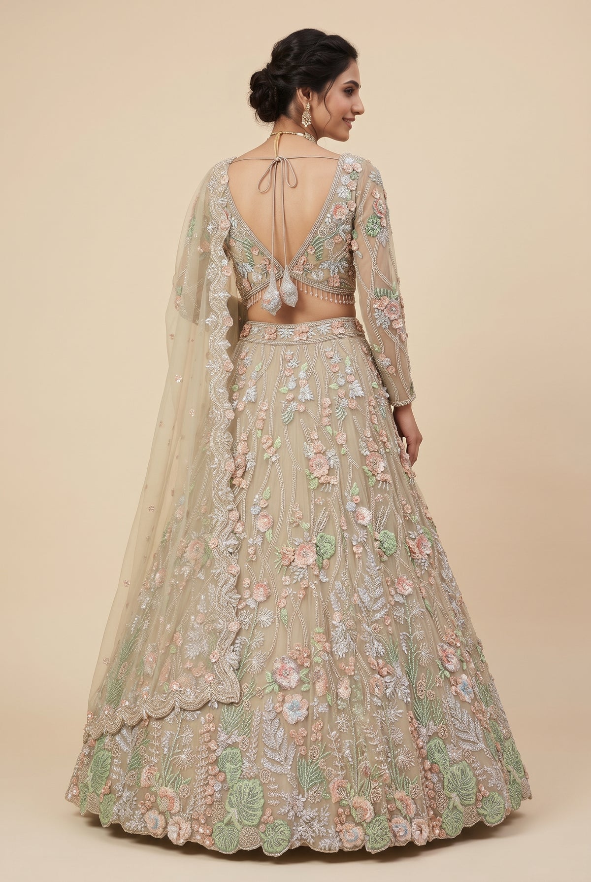 Taupe Beige Botanical Bridal Lehenga Set