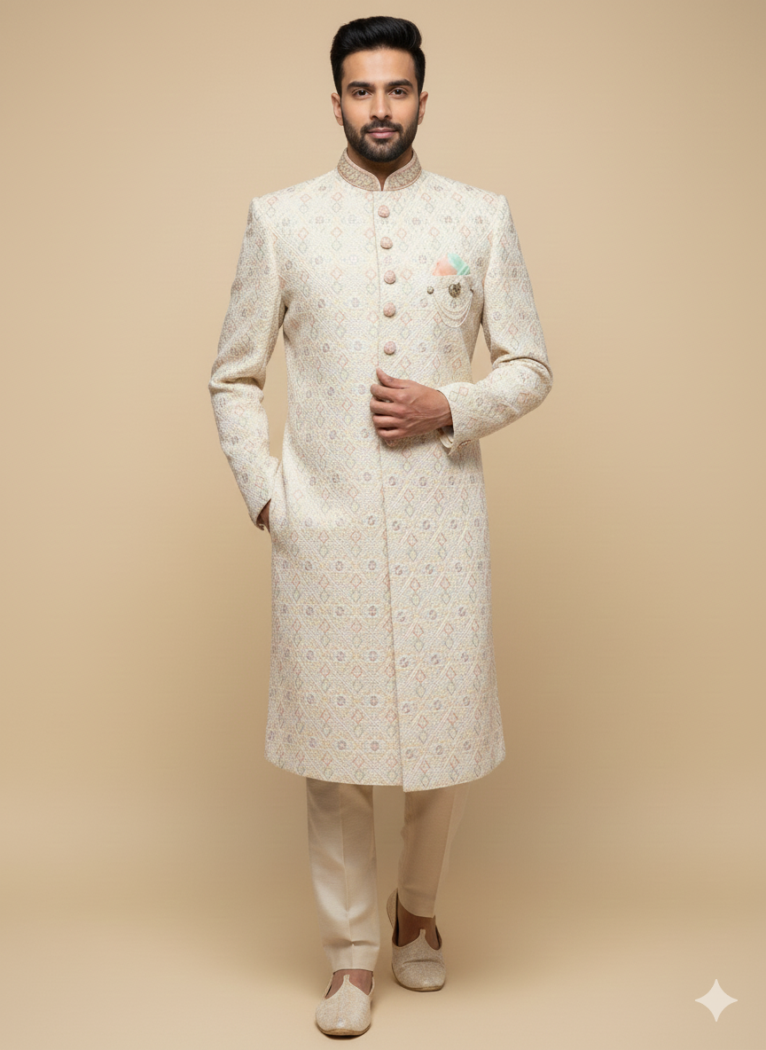 Salmon Peach Thread Embroidered Sherwani- S1298