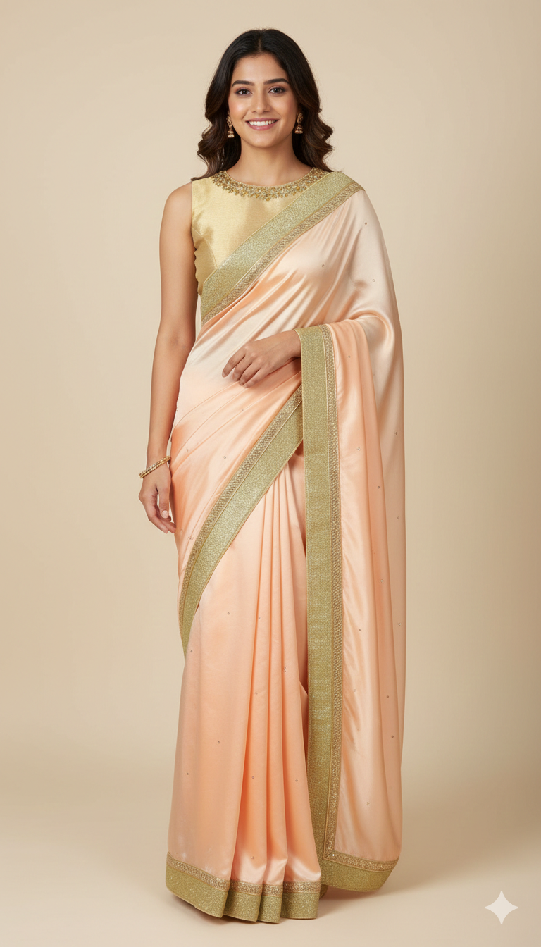 Peach Satin Bridesmaid's Saree