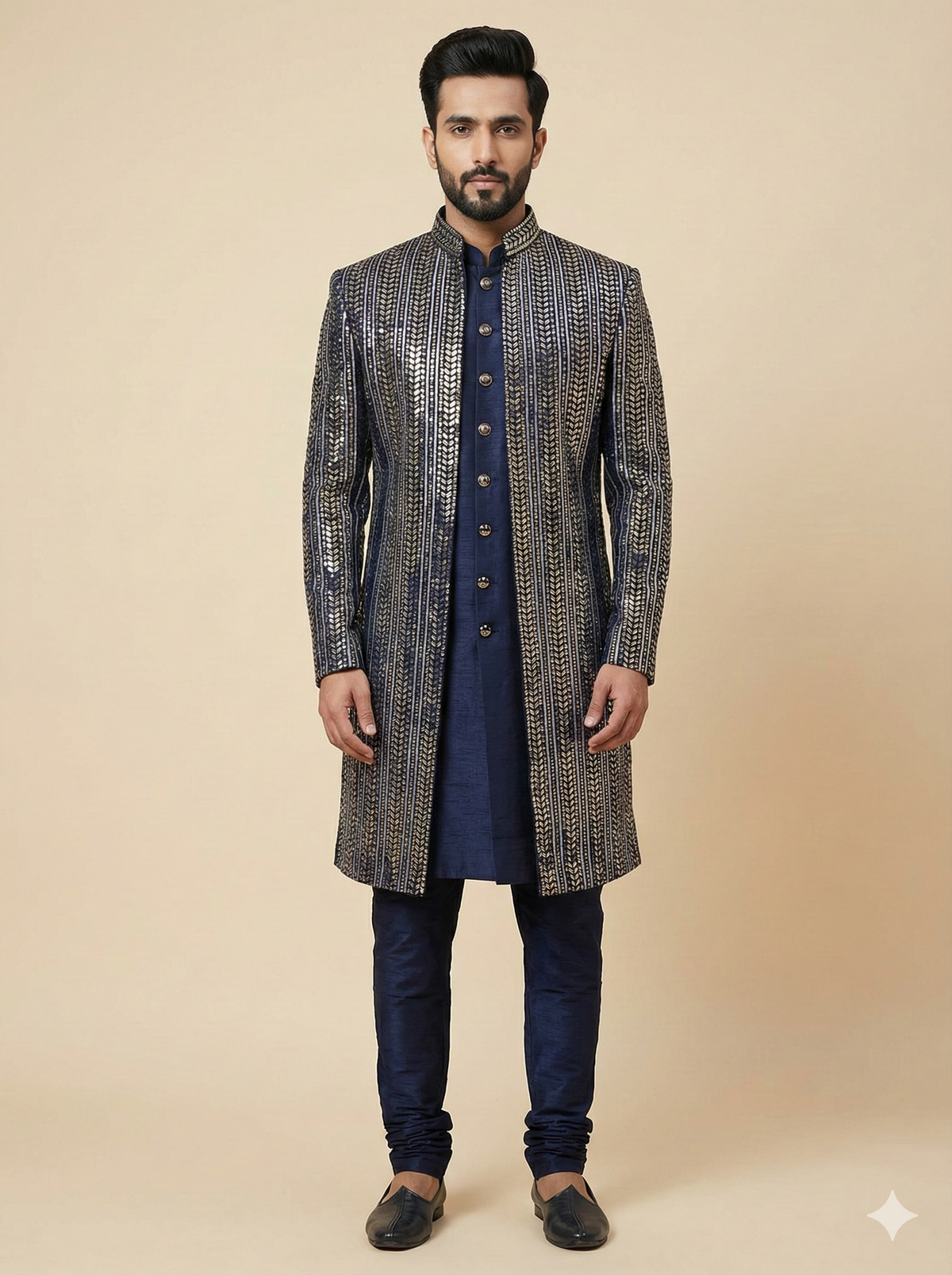 Slate Blue Sequin Embroidered Open Jacket Sherwani with Navy Kurta and Churidar