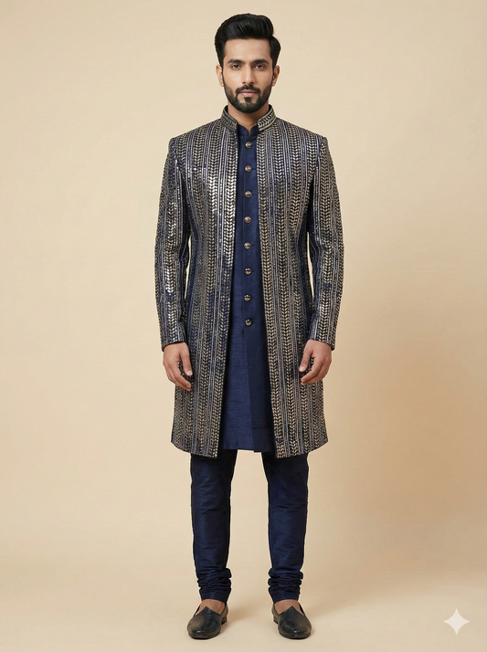 Navy Blue Sequence Embroidered Sherwani-R14-N83