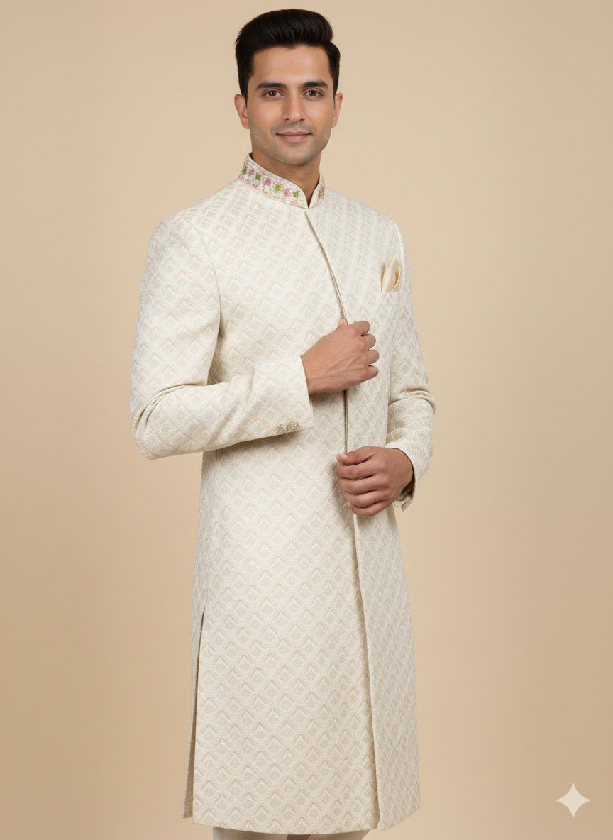 Ivory Multithreaded Embroidered Sherwani-R14-N77