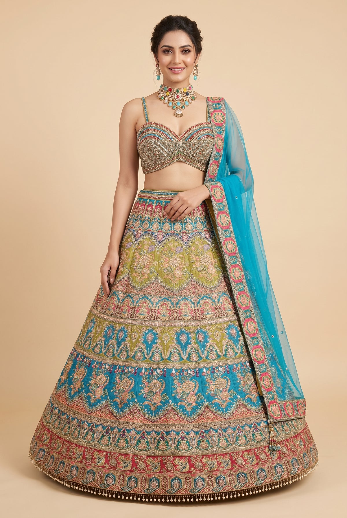 Peacock Multi-Tone Mirror-Work Lehenga