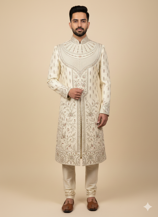Rajwadi Cream Thread Embroidered Sherwani-R14-N43