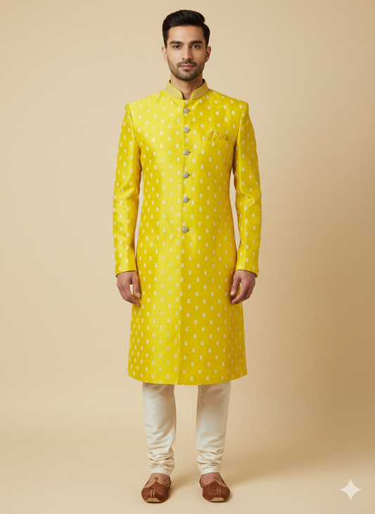 Mustard Yellow Thread Embroidered Sherwani- M1033