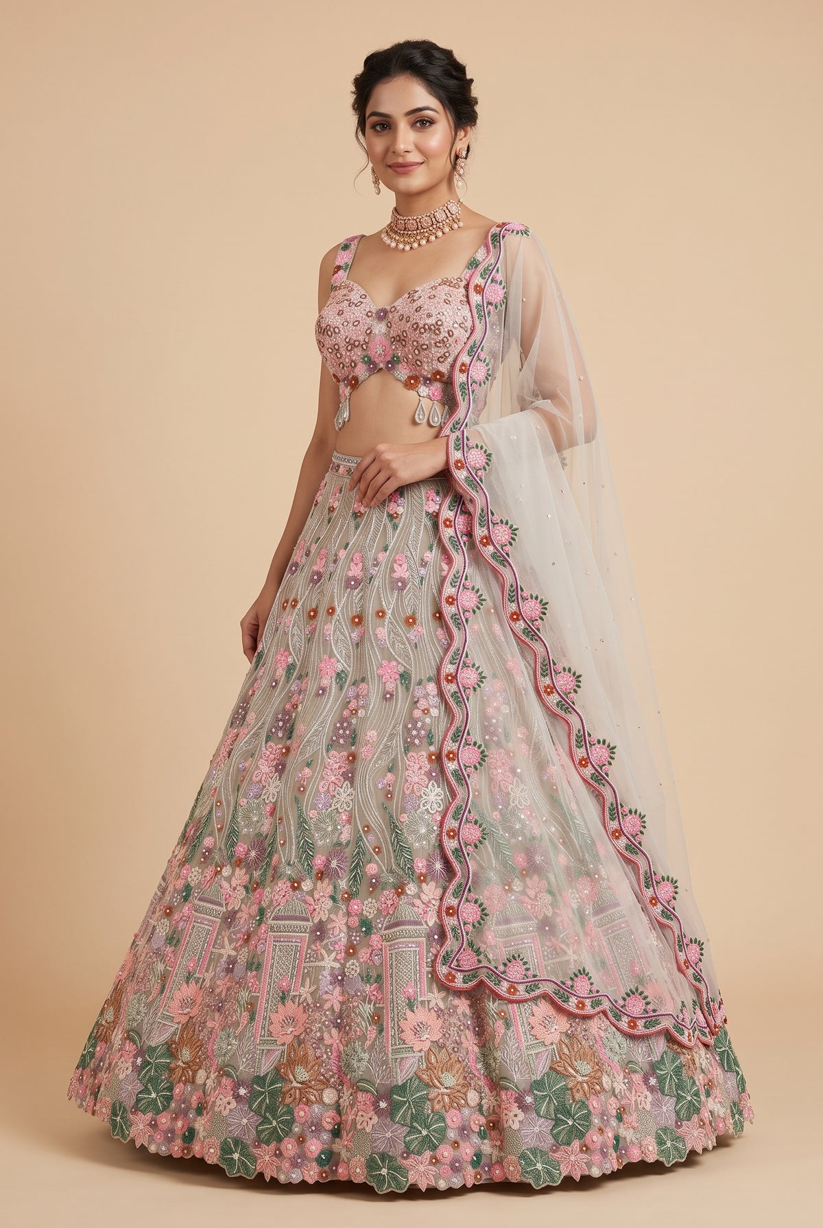Silver Grey & Rose Floral Embroidered Lehenga