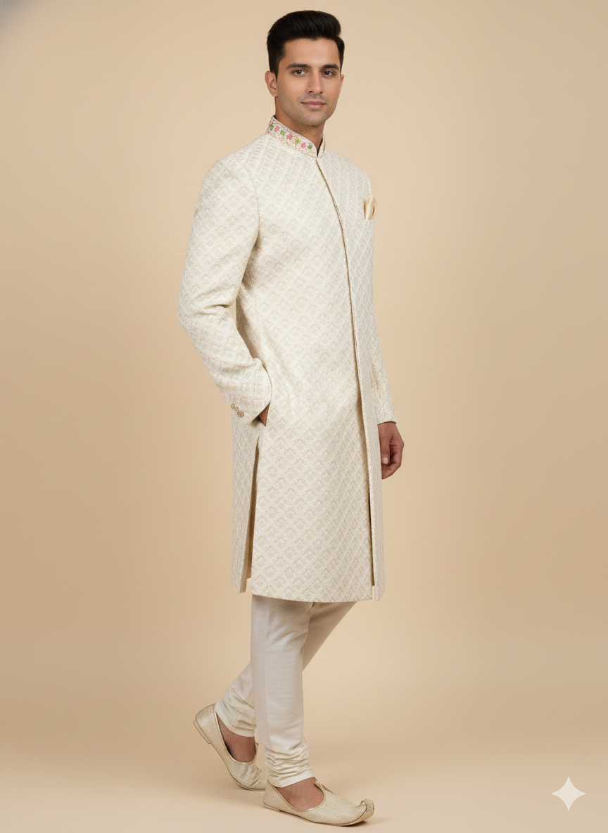 Ivory Multithreaded Embroidered Sherwani-R14-N77