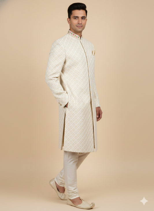 Ivory Multithreaded Embroidered Sherwani-R14-N77
