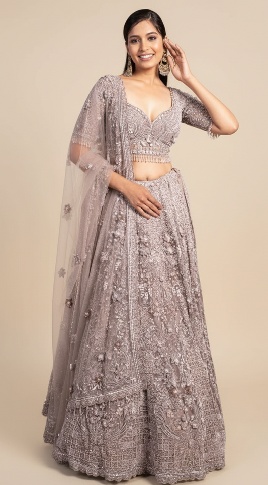 Grey bridal lehenga with a sheer dupatta, Nazranaa