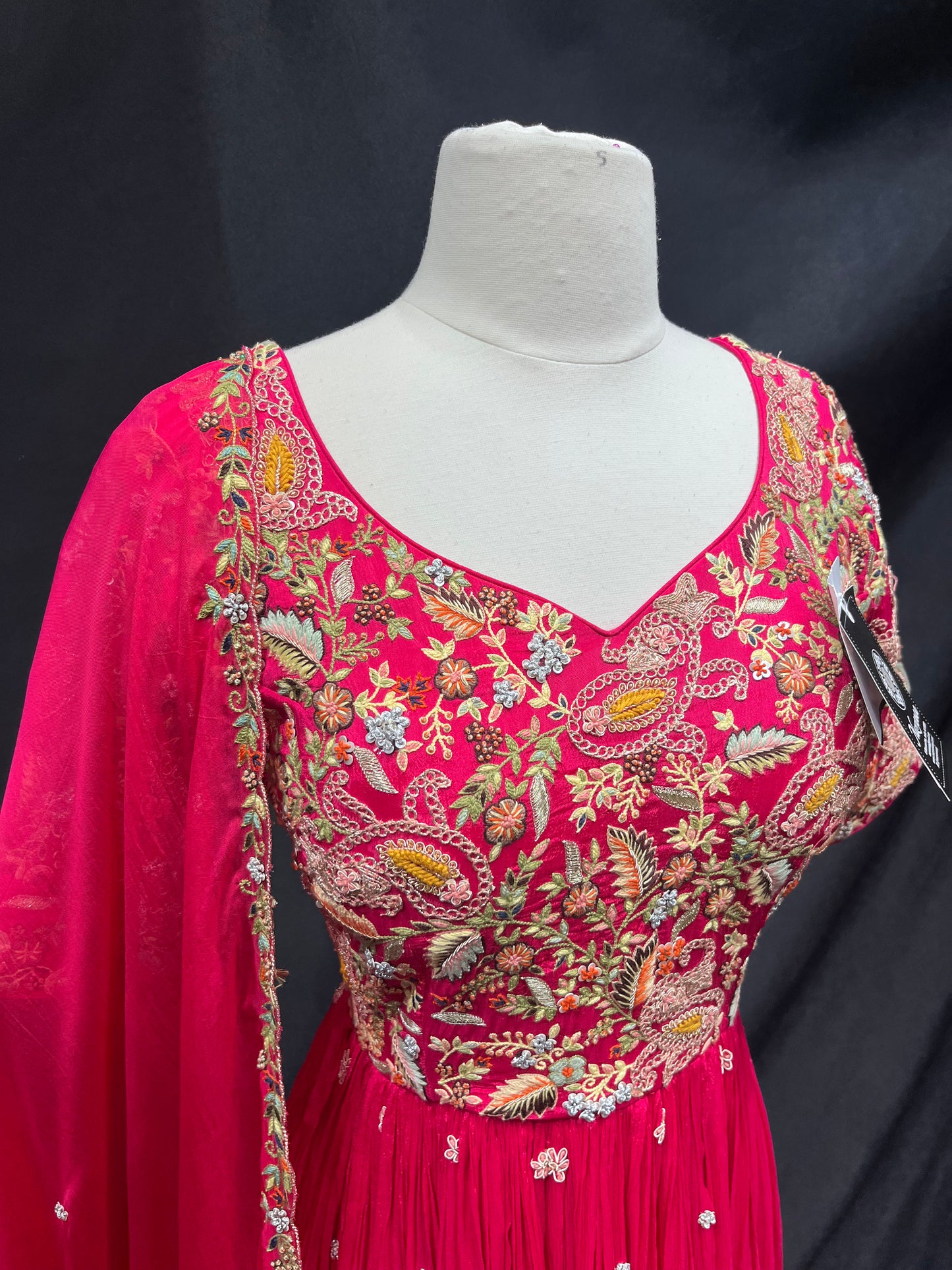 Deep Pink Chiffon Anarkali with Gold Embroidered Bodice and Dupatta