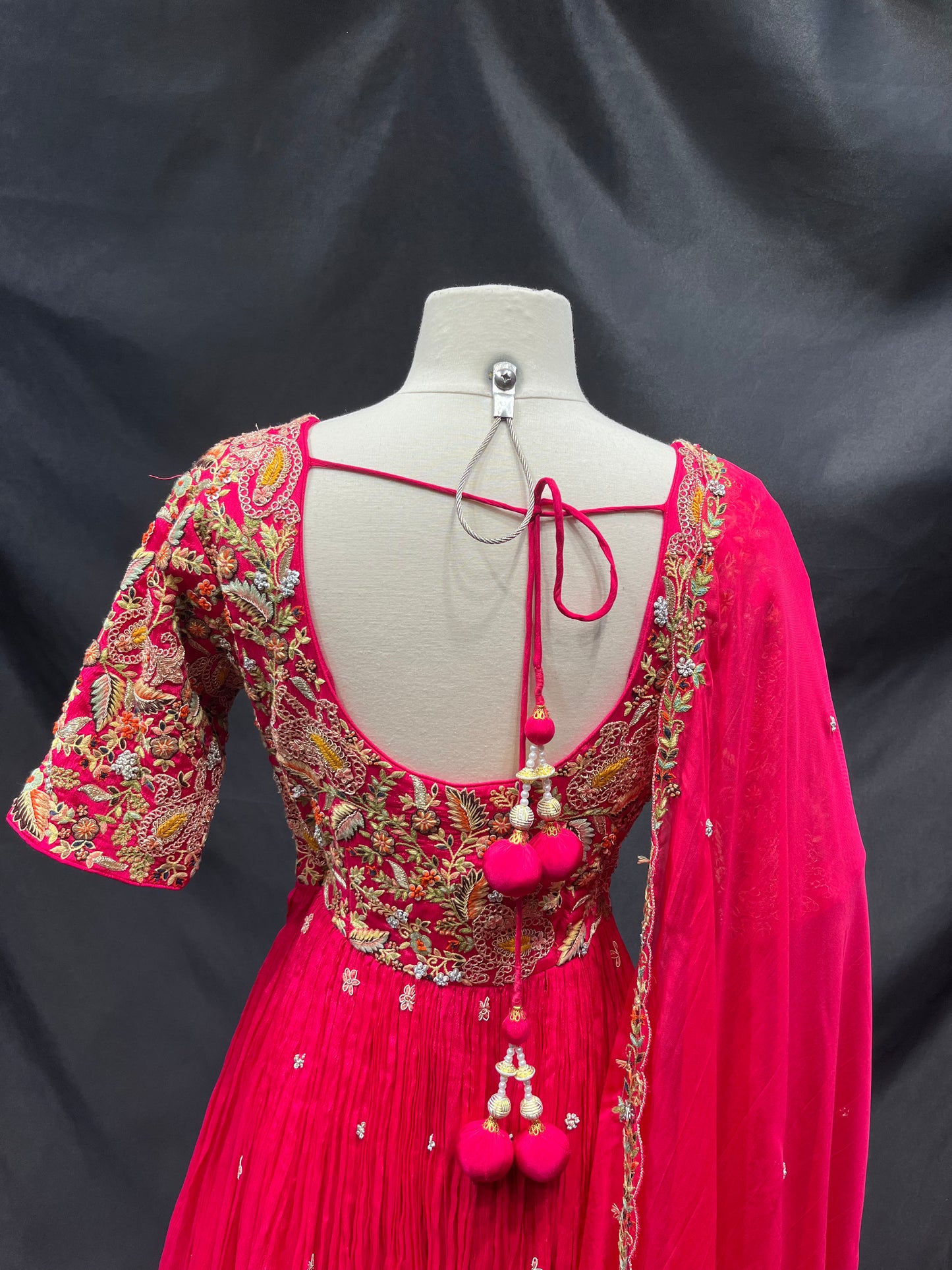 Deep Pink Chiffon Anarkali with Gold Embroidered Bodice and Dupatta
