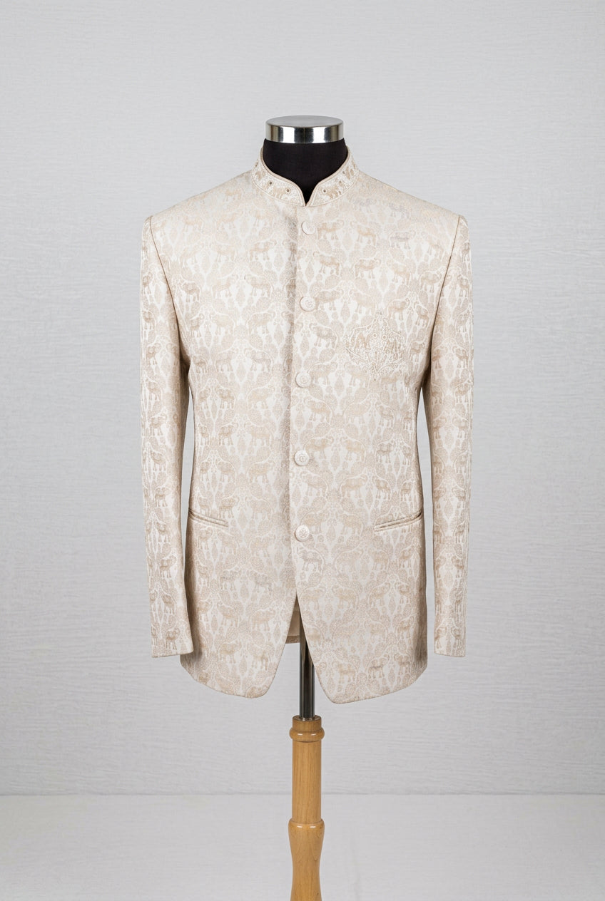 Ivory Elephant Print Brocade Bandhgala