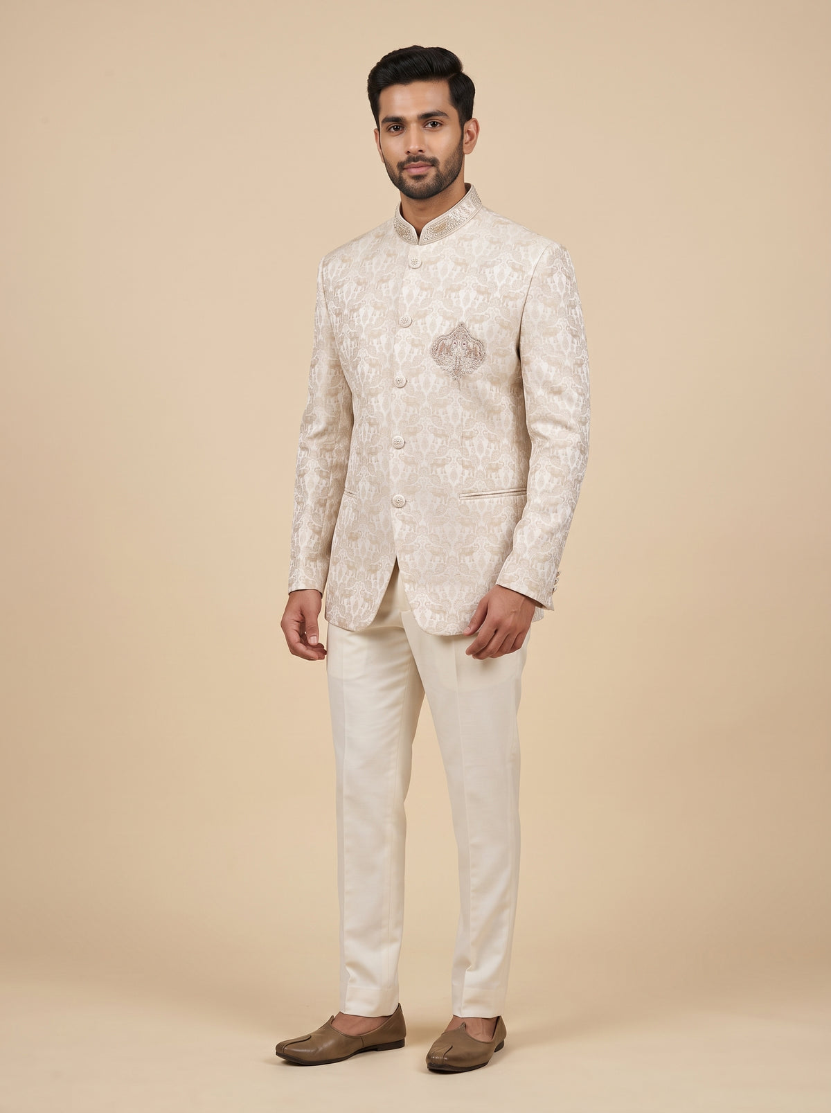 Ivory Elephant Print Brocade Bandhgala