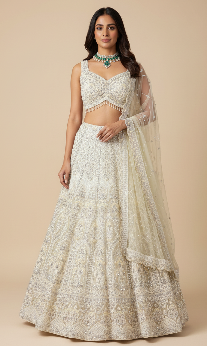 Ivory bridal lehenga in net with satin silk lining, Nazranaa