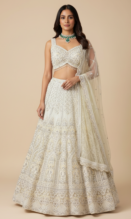 Ivory bridal lehenga in net with satin silk lining, Nazranaa