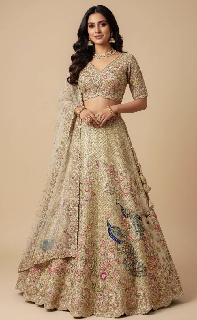 Ivory multicolor lehenga in raw silk, Nazranaa