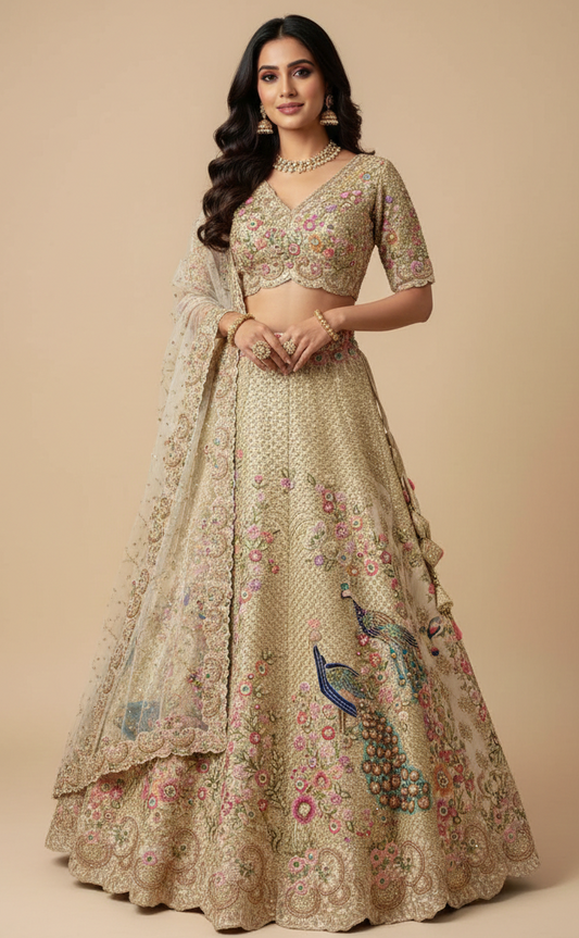 Ivory multicolor lehenga in raw silk, Nazranaa