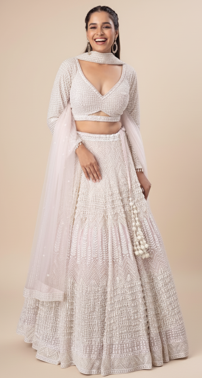 Lavender blush bridal lehenga in net with satin silk lining, Nazranaa