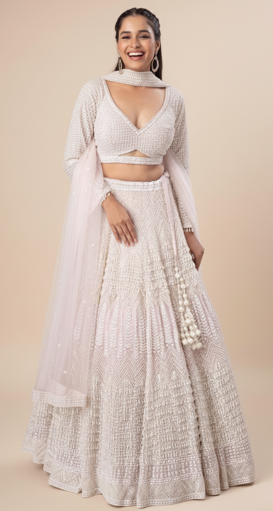 Lavender blush bridal lehenga in net with satin silk lining, Nazranaa