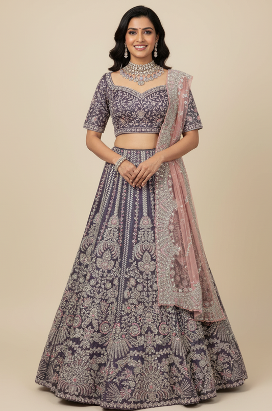 Lavender (purple) with a peach dupatta bridal lehenga in velvet, Nazranaa