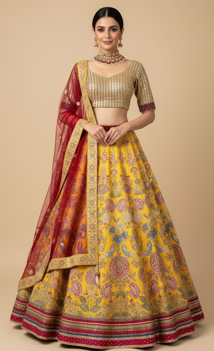 Yellow printed with a gold blouse and maroon dupatta bridal lehenga in printed fabric, Nazranaa