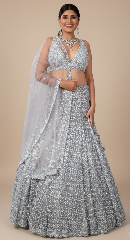 Light Grey Bridal Lehenga with V-Neck and Sequence Embroidery