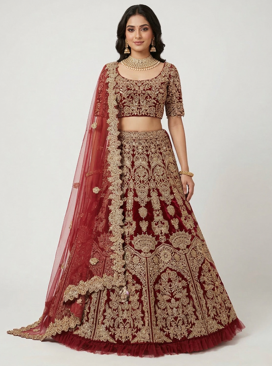 Maroon Velvet Shimmering Stones Lehenga