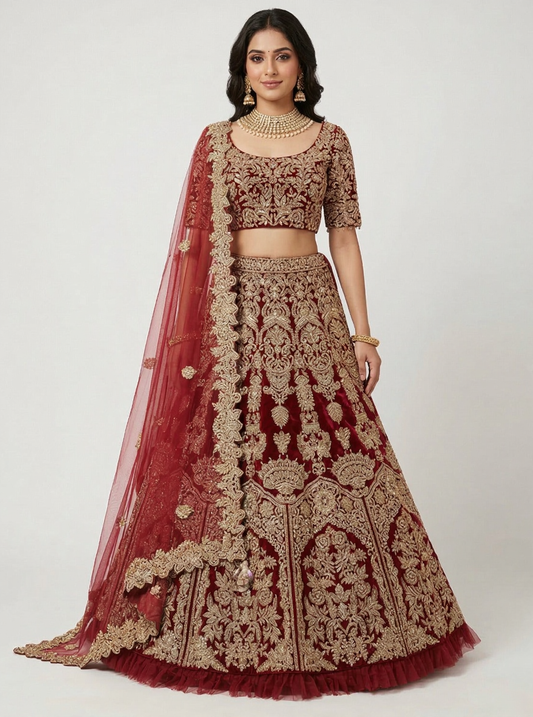 Maroon bridal lehenga with an enchanting ruffle hem, a coordinating heavy-work blouse, and a dupatta with a delicate scalloped border in velvet, Nazranaa
