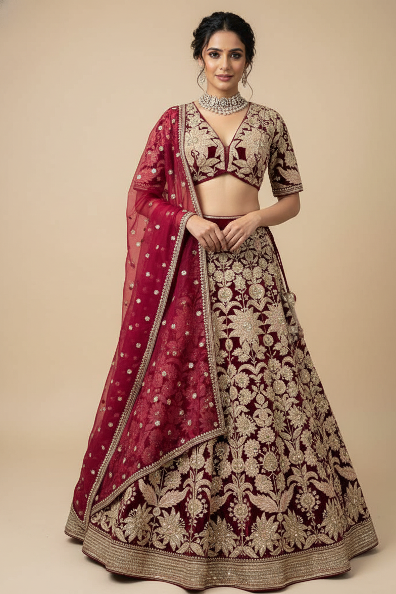 Red Velvet Intricate Gold And Pink-accented Floral Lehenga