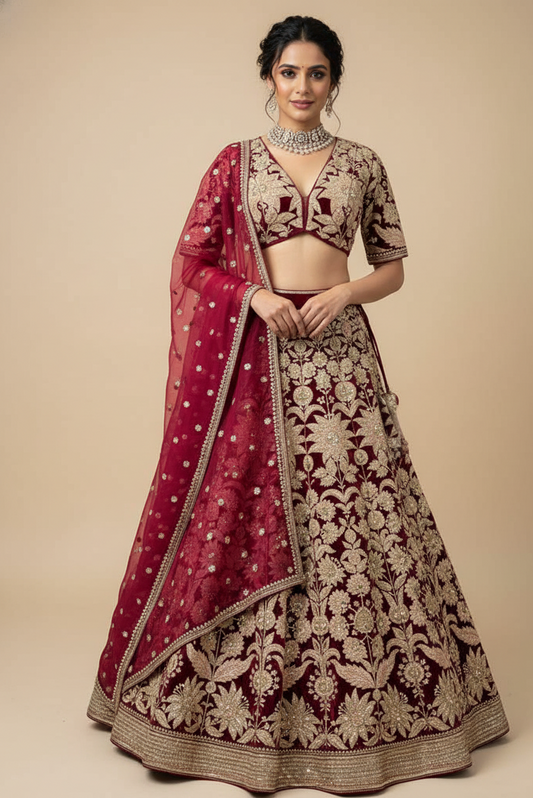 Deep maroon bridal lehenga in velvet, Nazranaa