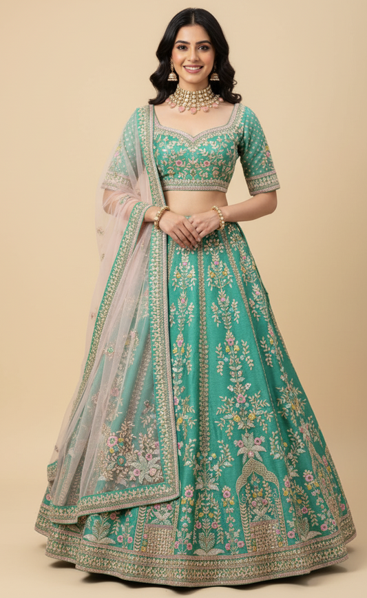 Mint with a soft blush dupatta lehenga in raw silk, Nazranaa