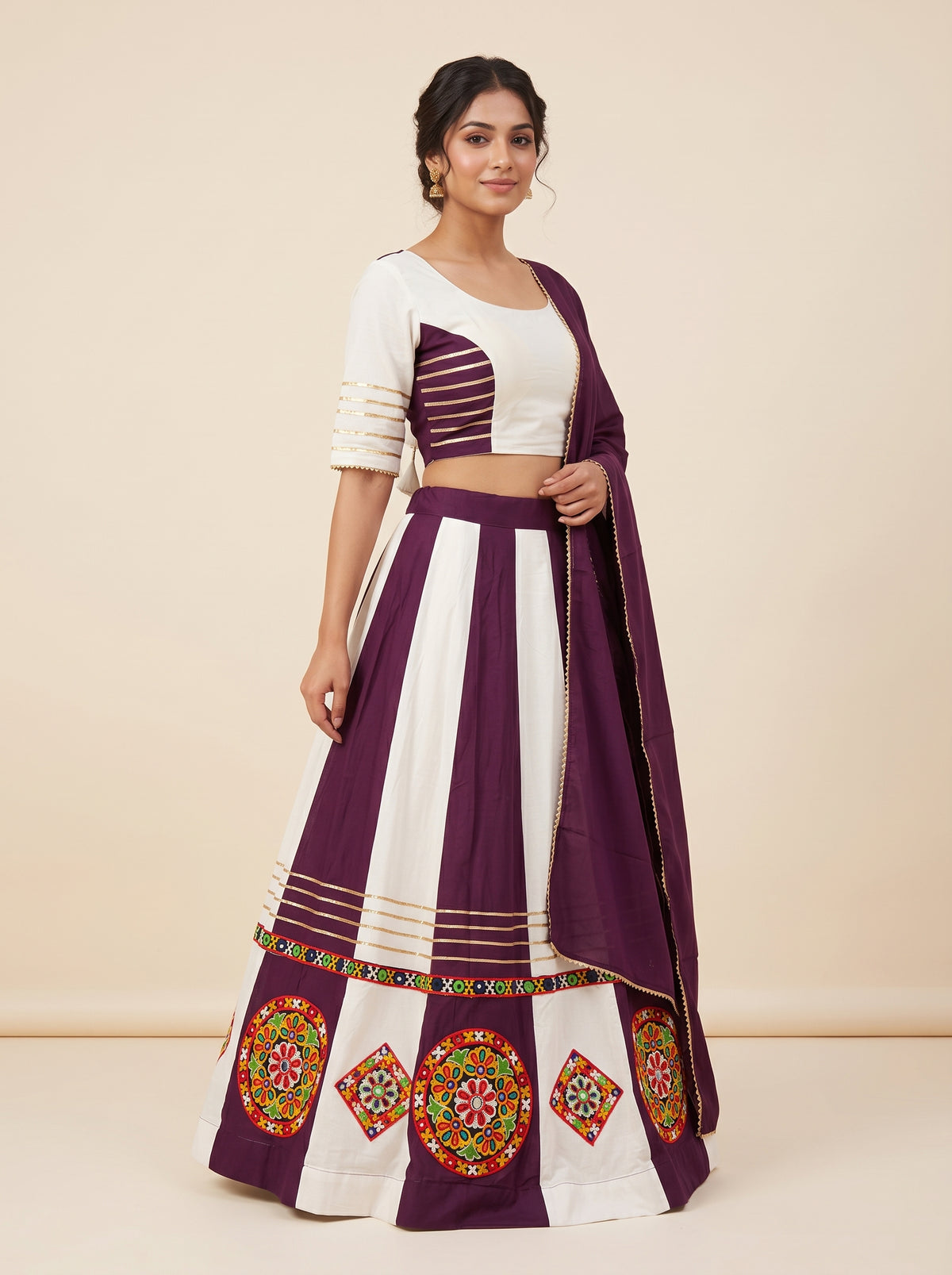 White & Purple Striped Navratri Lehenga