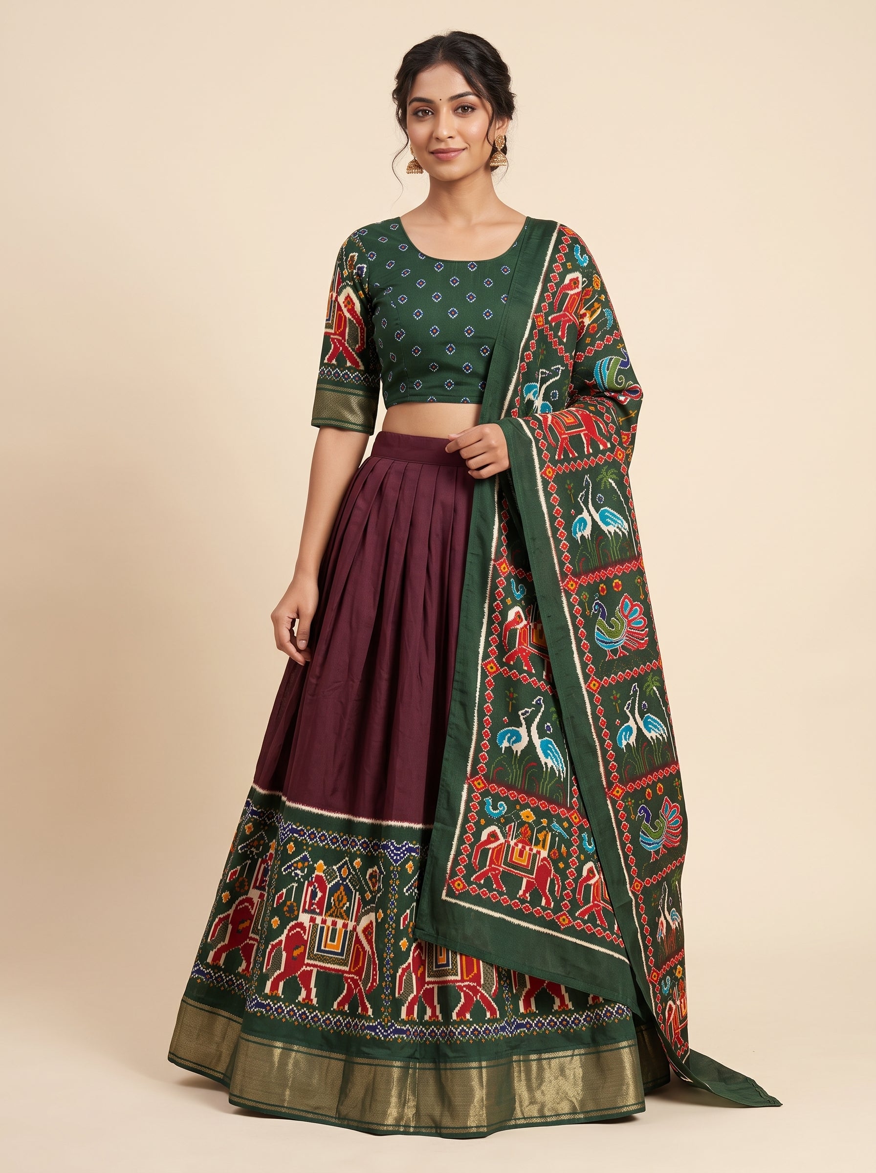 Maroon & Bottle Green Patola Print Navratri Lehenga - Maroon