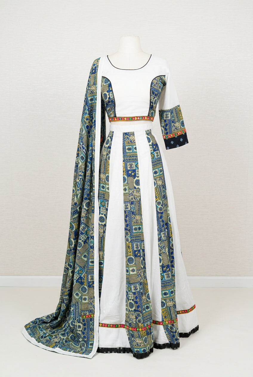 Ivory Cotton Printed Navratri Lehenga Set