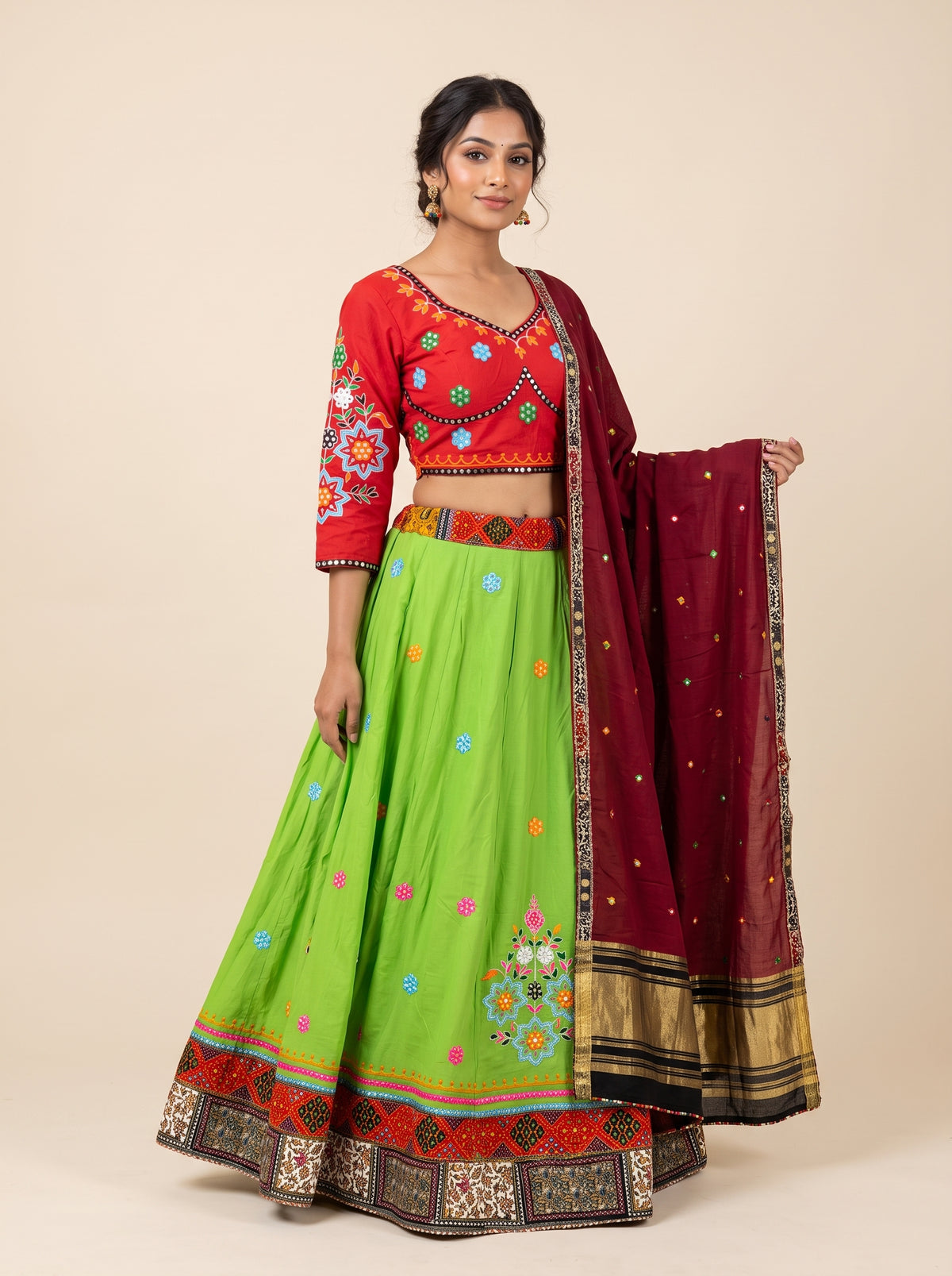 Vibrant Green and Red Navratri Lehenga