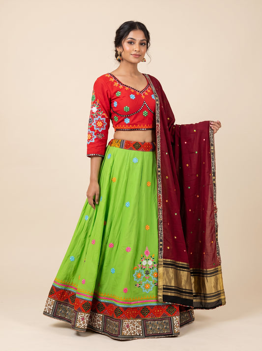 Vibrant Green and Red Navratri Lehenga