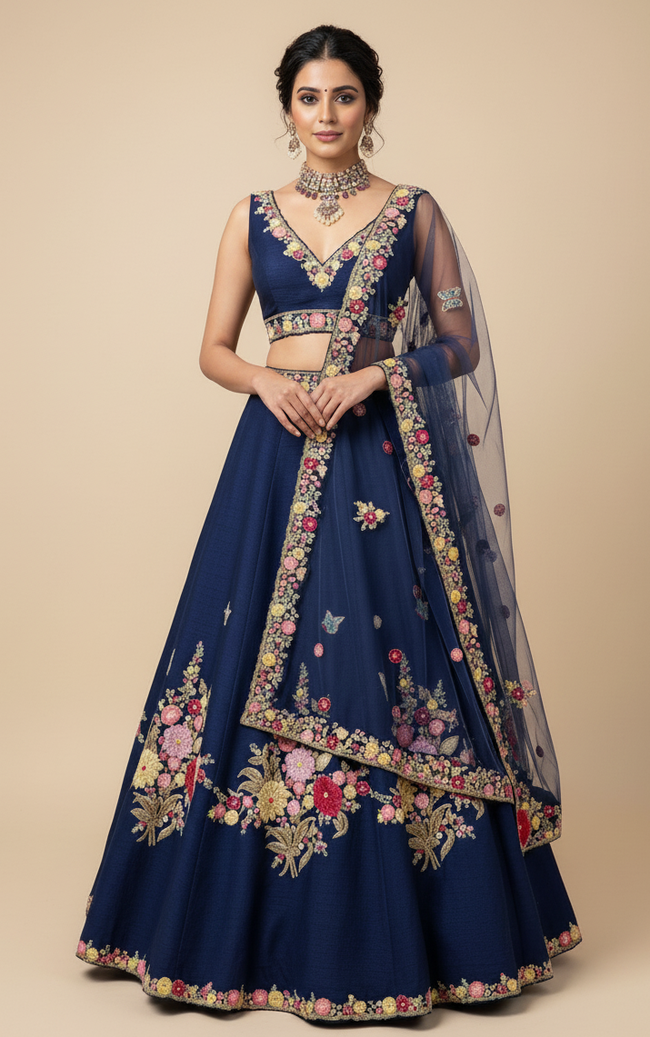 Navy Blue Raw Silk Multicolor Motif Lehenga