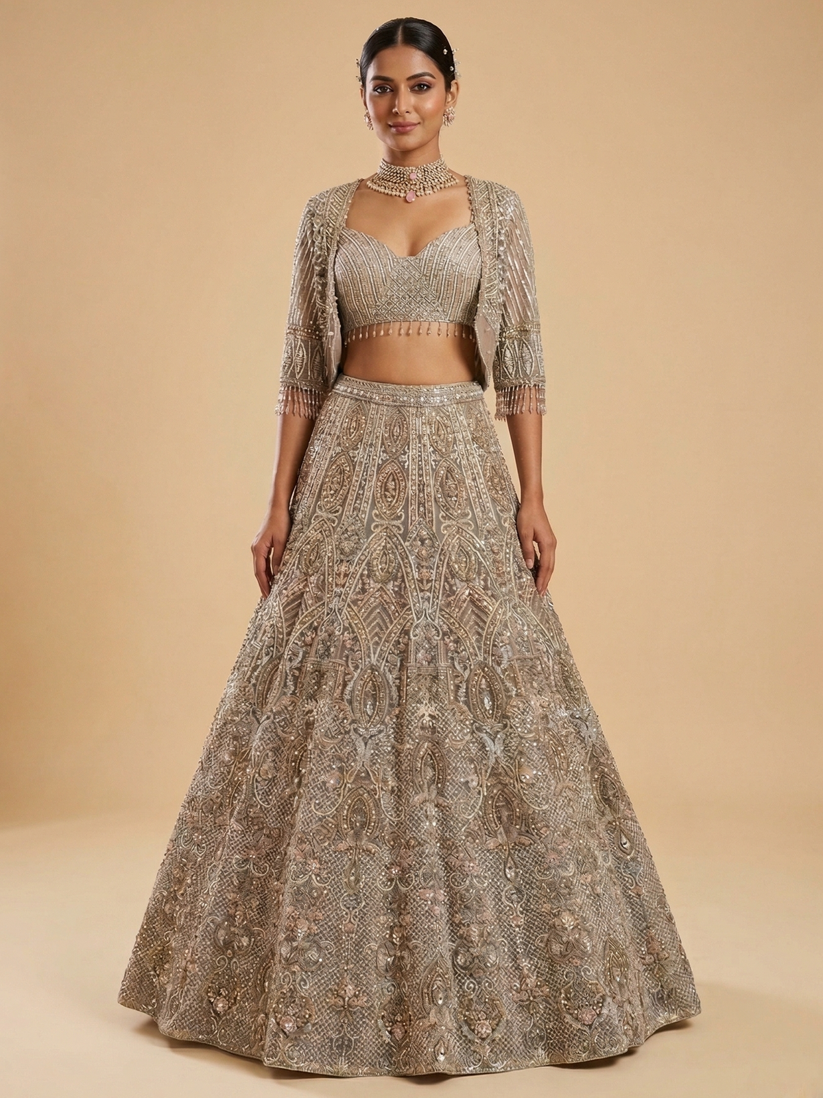 Olive Green Net With Satin Silk Lining Intricate Sequin Embroidery Lehenga