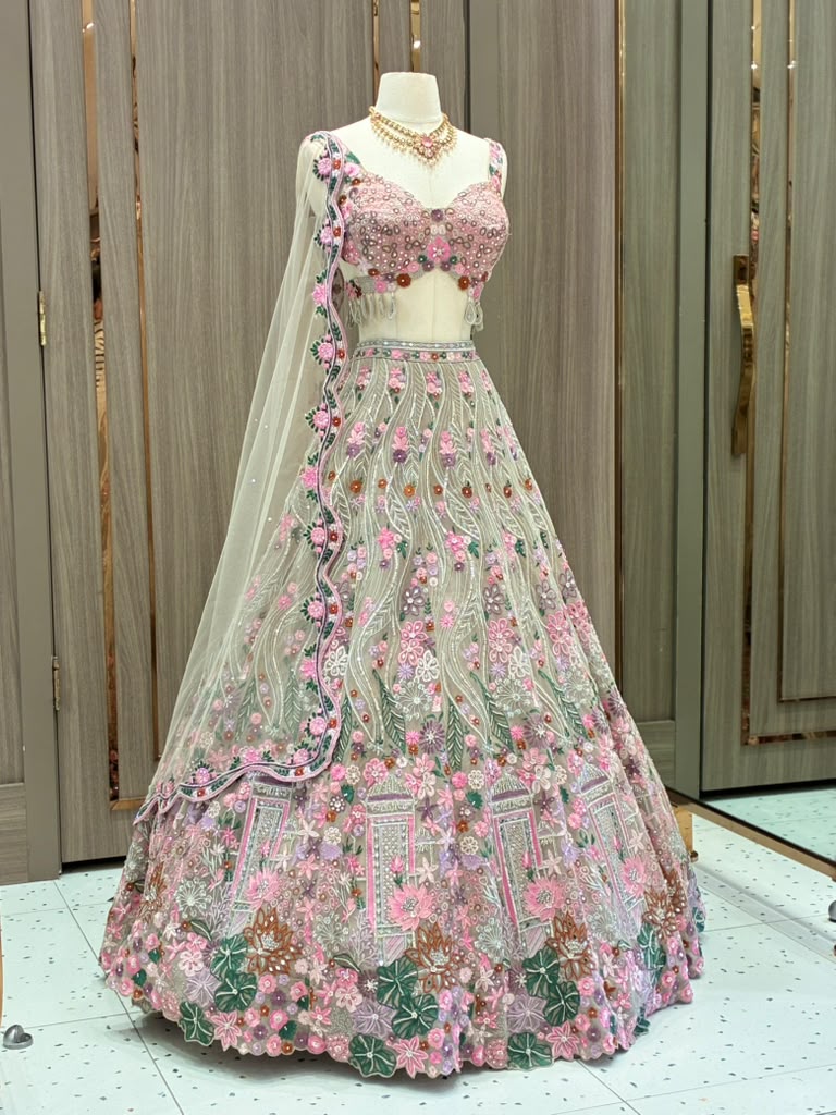 Silver Grey & Rose Floral Embroidered Lehenga