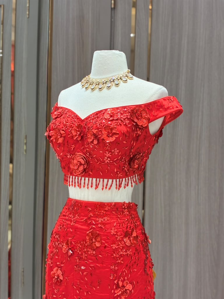 Scarlet Blossom Off-Shoulder Lehenga Set