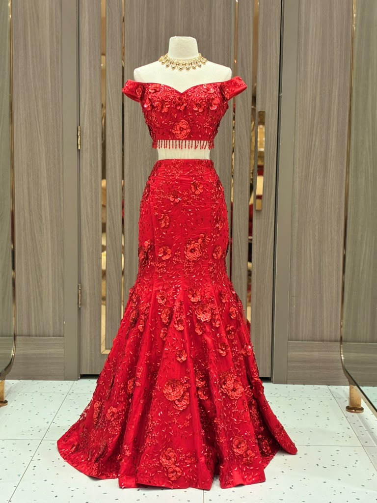 Scarlet Blossom Off-Shoulder Lehenga Set
