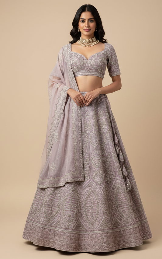Pale lilac lehenga with vibrant tonal colors in organza, Nazranaa