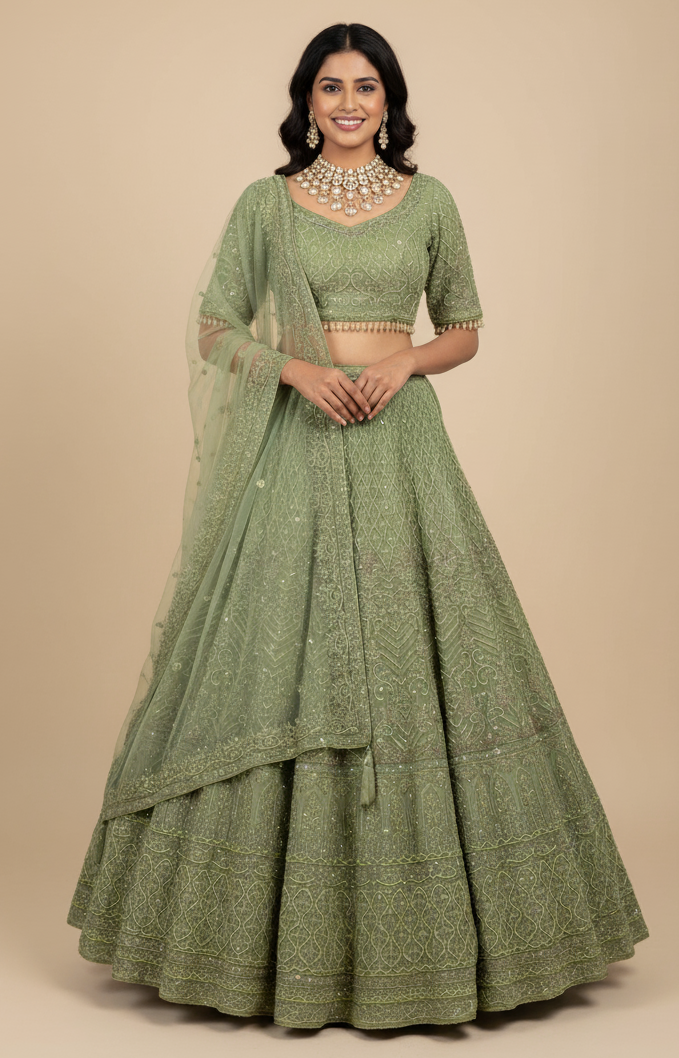 Pistachio green bridal lehenga in net with satin silk lining, Nazranaa