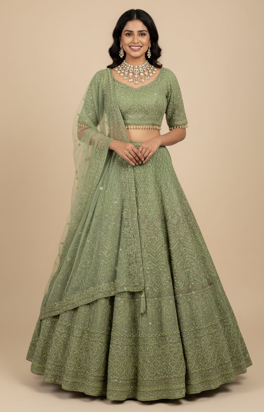 Pistachio Green Net Tonal Lehenga