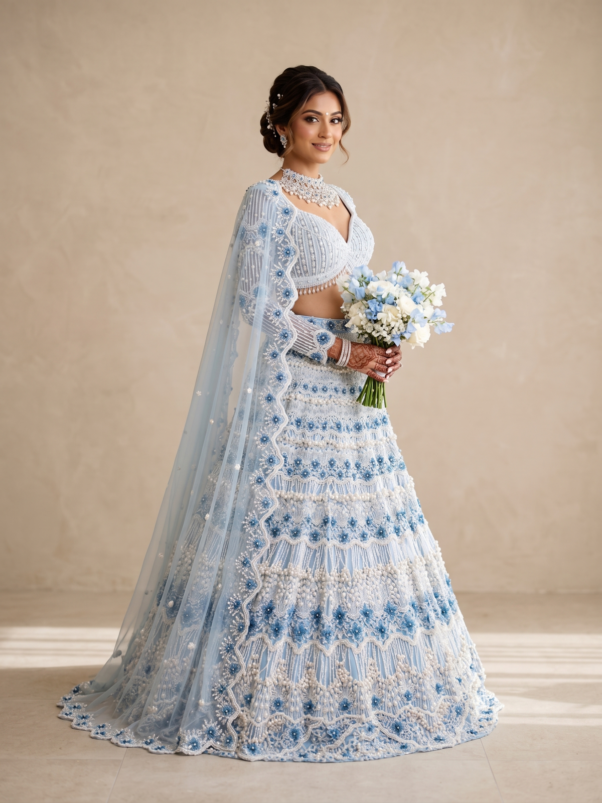 Powder Blue Net With Satin Silk Lining Intricate Pearl Work Lehenga